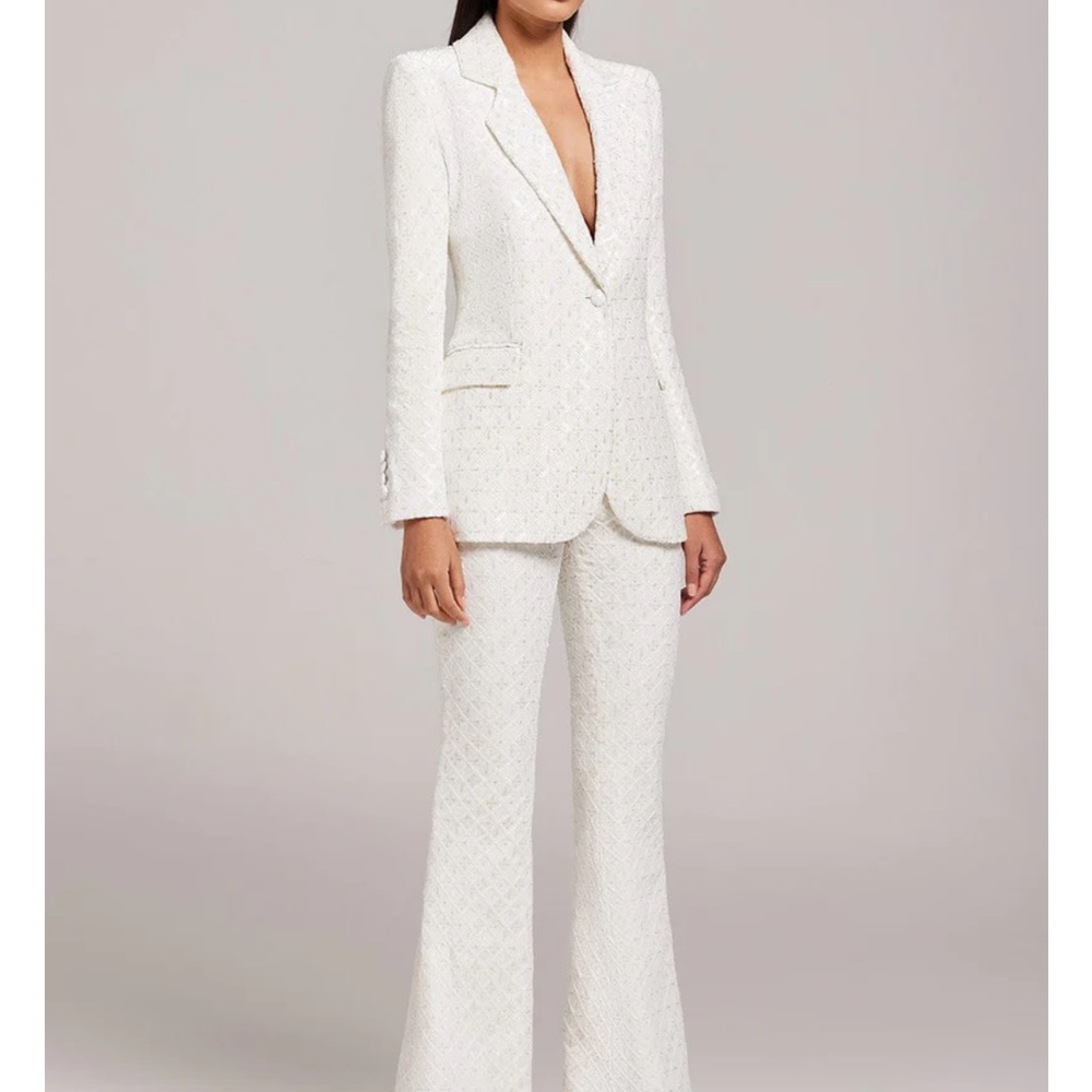 Nadine Merabi two piece white Meghan suit
